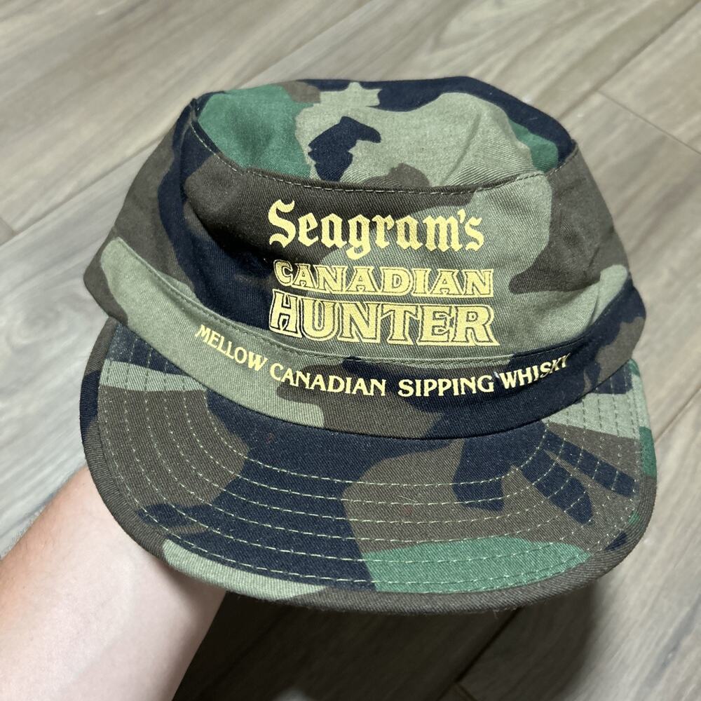 Vintage Seagrams Canadian Hunter Hat Camo Trucker Army Style Cap Size Medium USA